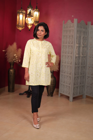 Light Yellow Floral Short Kurta for Women with 3/4 sleeves