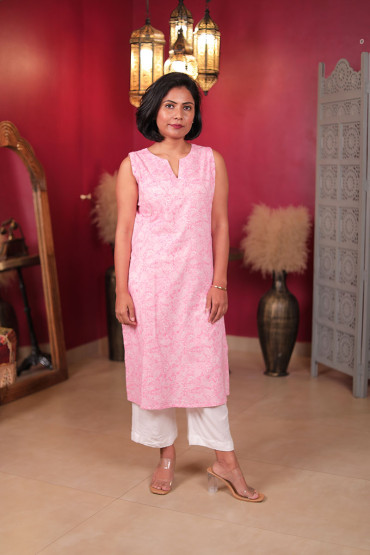 Pink Sleeveless Straight Cotton Kurta for Women
