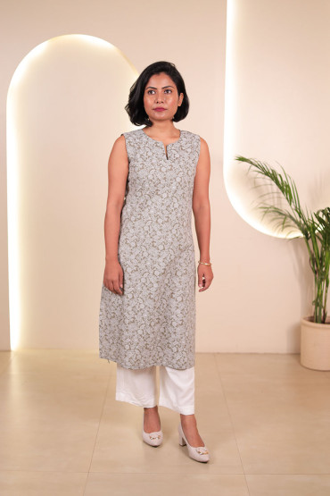Olive Green Sleeveless Printed Kurta For Women