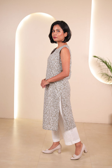 Olive Green Sleeveless Printed Kurta For Women