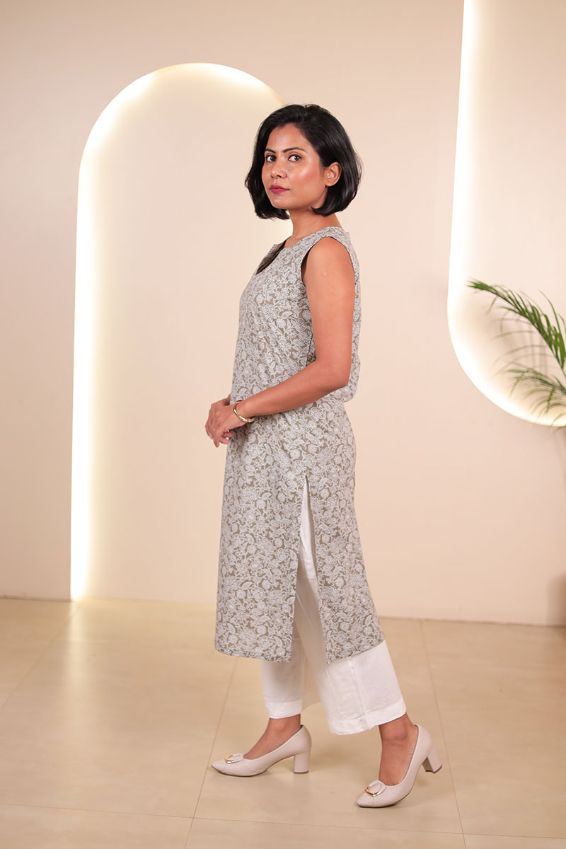 Olive Green Sleeveless Printed Kurta For Women Olive Green Sleeveless Printed Kurta For Women