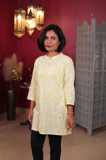 Light Yellow Floral Short Kurta for Women with 3/4 sleeves