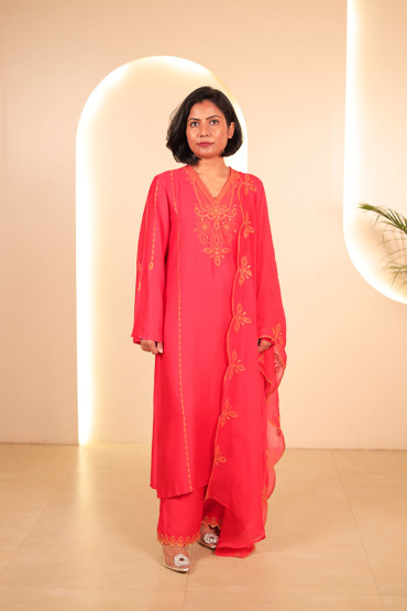 Red Embroidered Straight Kurta Set with Dupatta