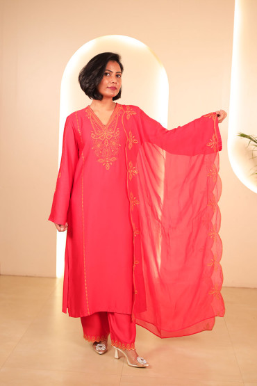Red Embroidered Straight Kurta Set with Dupatta