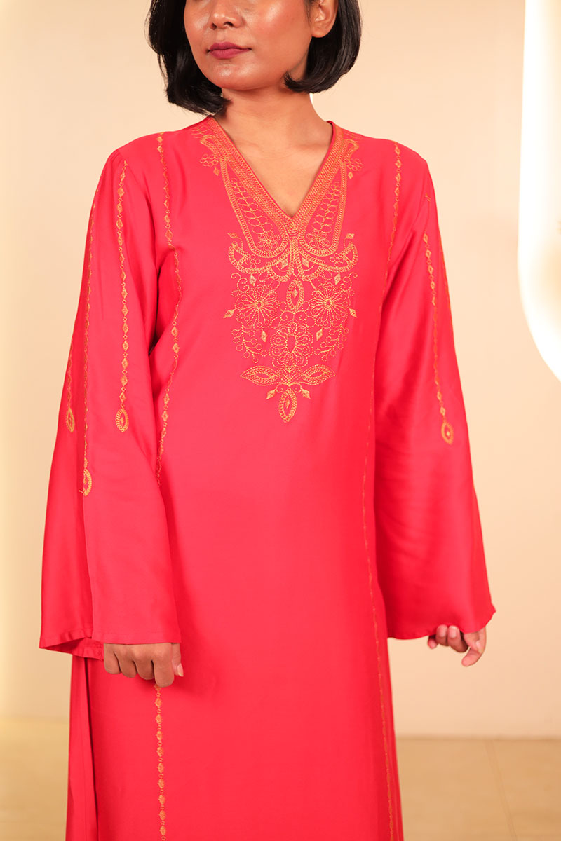 Red Embroidered Straight Kurta Set with Dupatta Red Embroidered Straight Kurta Set with Dupatta