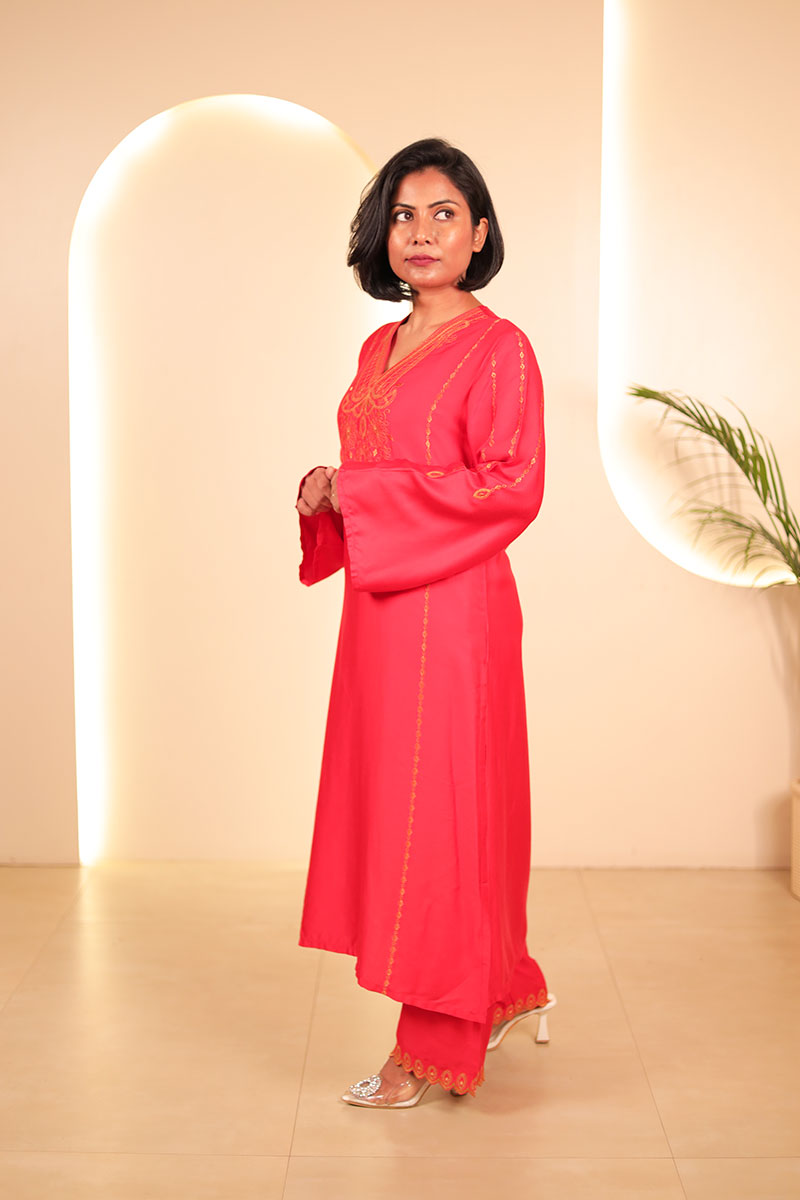 Red Embroidered Straight Kurta Set with Dupatta Red Embroidered Straight Kurta Set with Dupatta