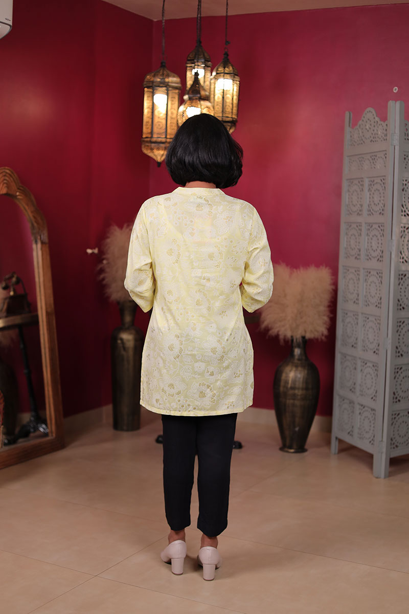 Light Yellow Floral Short Kurta for Women with 3/4 sleeves Light Yellow Floral Short Kurta for Women with 3/4 sleeves