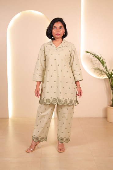 Beige Embroidered Straight Kurta Set for Women