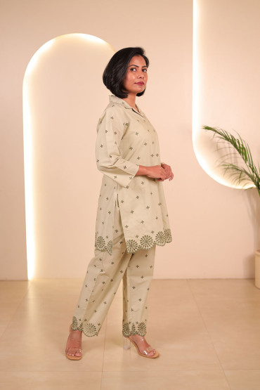 Beige Embroidered Straight Kurta Set for Women