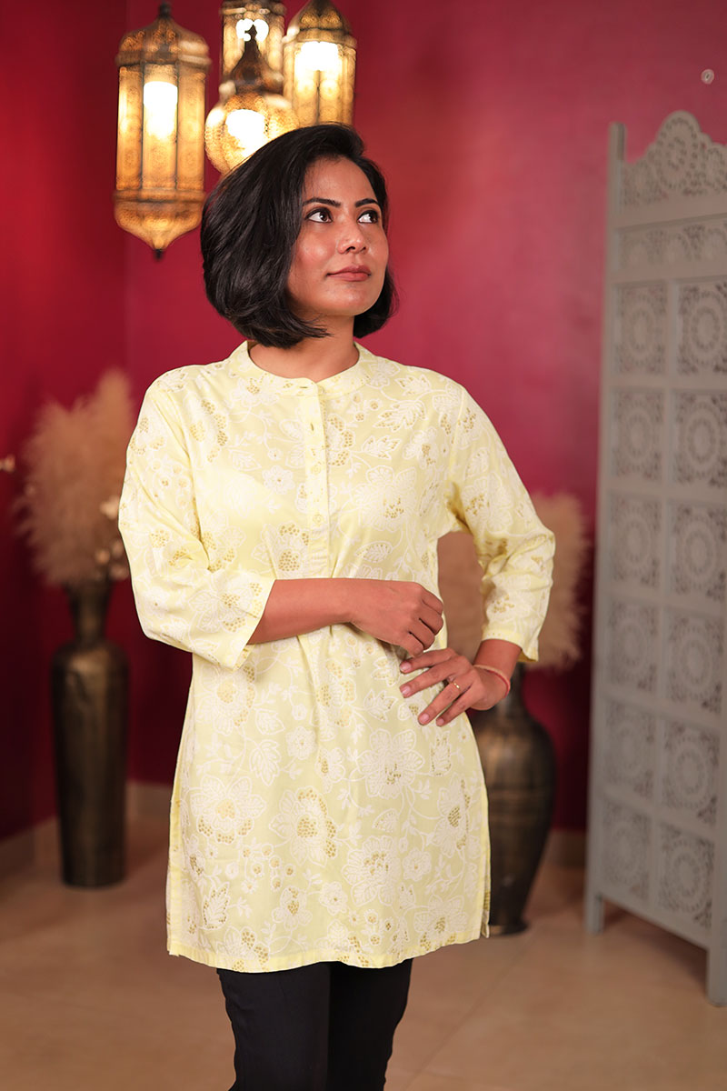 Light Yellow Floral Short Kurta for Women with 3/4 sleeves Light Yellow Floral Short Kurta for Women with 3/4 sleeves