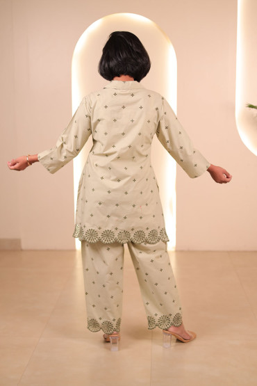 Beige Embroidered Straight Kurta Set for Women