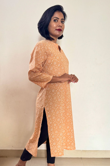 Peach Printed Straight Cotton Kurta for Women