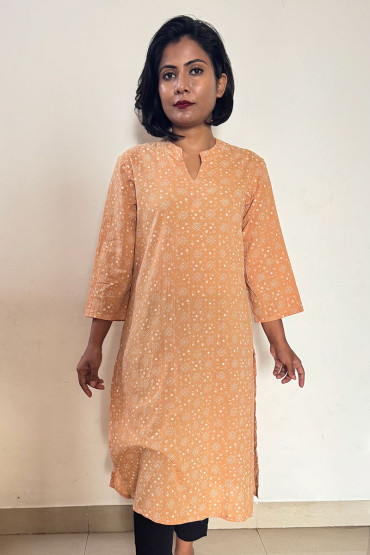 Peach Printed Straight Cotton Kurta for Women