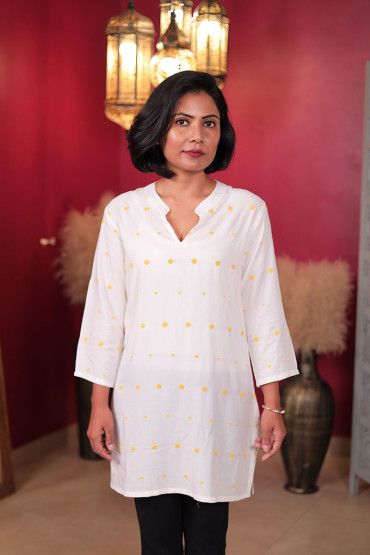 White Embroidered Kurta with Yellow Floral Motifs