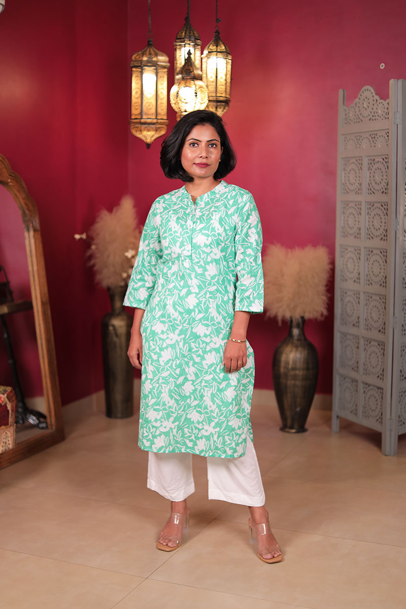 Short Green Floral Printed Cotton Kurta for Women Short Green Floral Printed Cotton Kurta for Women
