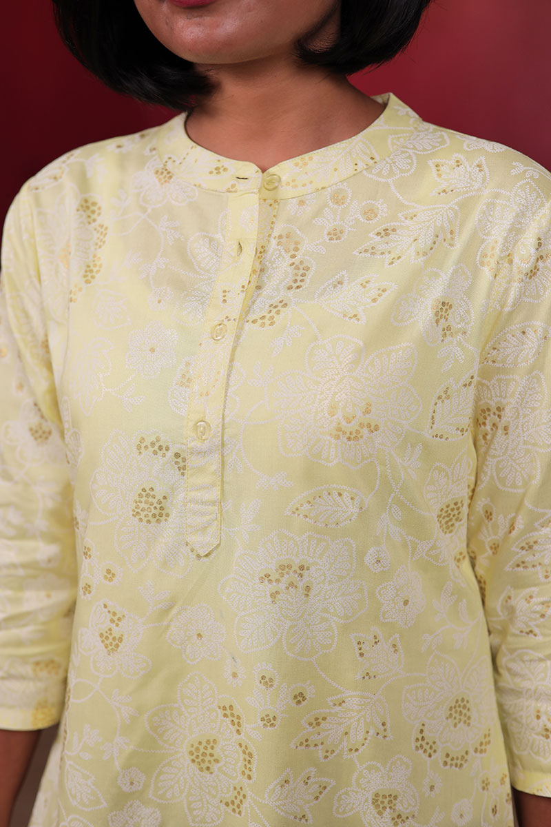 Light Yellow Floral Short Kurta for Women with 3/4 sleeves Light Yellow Floral Short Kurta for Women with 3/4 sleeves